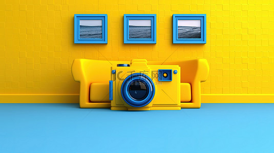 蓝色镜片背景图片_带蓝色相机的黄色房间的 3D 渲染