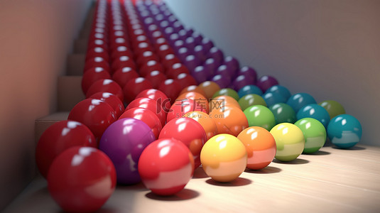 各种颜色和大小的球以 3D 方式滚下楼梯