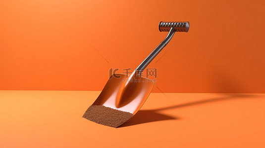 3D 渲染的铲子在充满活力的橙色背景下单色风格
