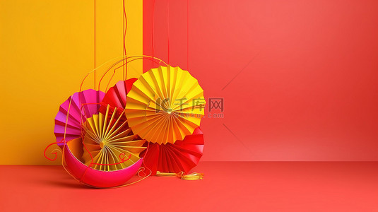 上新装饰背景图片_充满活力的中国灯笼和风扇在 3D 渲染在黄色背景上，有足够的空间用于文本或消息