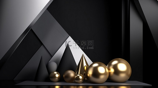 闪闪发光的舞台讲台，配有金色窗帘和银色三角球 3D 渲染背景，非常适合产品展示和演示