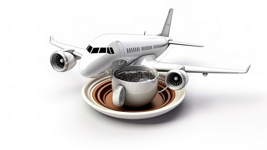 新起点背景图片_现代飞机的新起点 3D 渲染，以白色背景上的咖啡杯喷气发动机为特色