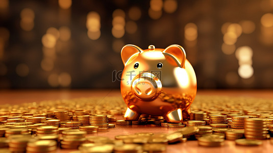 金色小猪背景图片_金色存钱罐的 3D 插图，上面有成堆的硬币，是金融储蓄和投资的象征