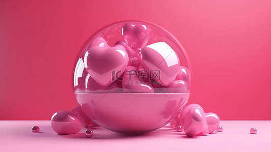 3D 渲染中的情人节惊喜粉色光泽心形球体