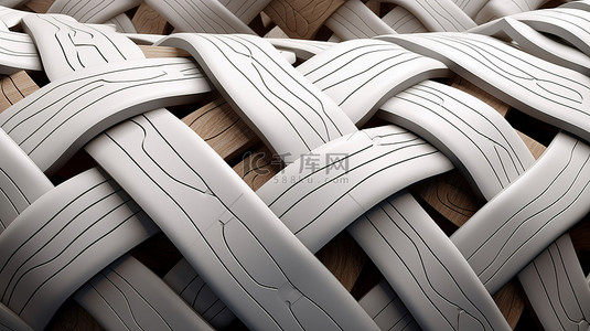 白色的未来派无缝 3D 图案，带有永无止境的皮带和木质元素