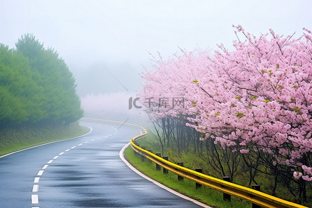 盛开的花背景图片_空荡荡的道路，周围都是盛开的牡丹