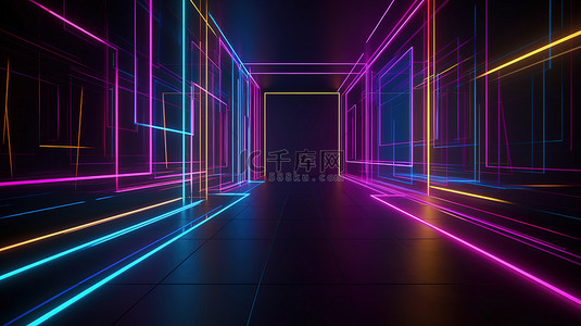 荧光紫外线抽象几何背景 3d 渲染上的发光霓虹灯线