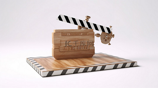 白色背景上的金色奖杯和电影石板是 3D 渲染电影奖项的概念