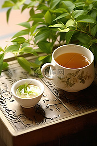 陶瓷工艺背景图片_桌上有一杯白茶和一个花盆