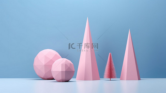 简约蓝色背景 3D 渲染对象上的几何粉红色树立方体椭圆形和圆锥形