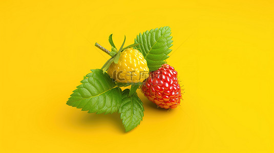 黄色背景下低聚风格草莓的 3D 插图