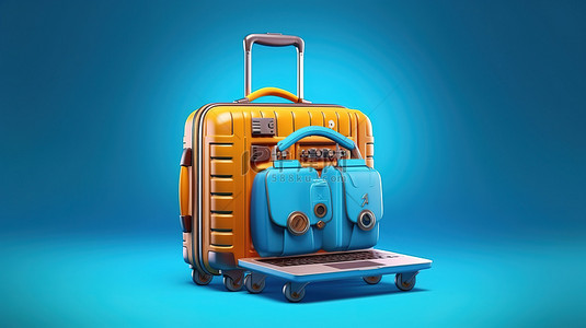 蓝色背景上的行李和笔记本电脑 3D 插图