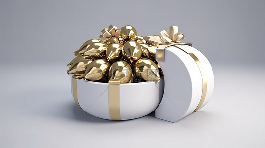 金色圣诞礼物背景图片_金丝带白色礼品盒在 3D 渲染中爆炸