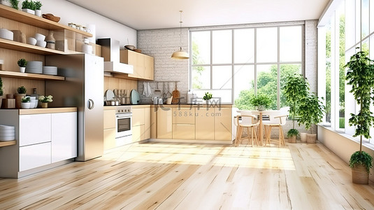 房子木背景图片_现代厨房设置明亮时尚的侧视图，3D 渲染中铺有木地板