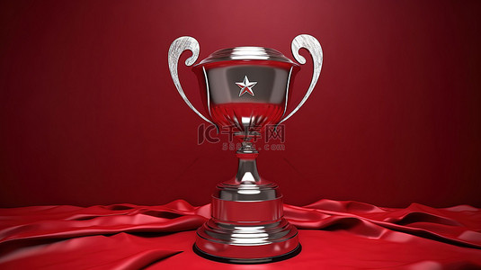 星星装饰的银色奖杯在充满活力的红色背景下以 3D 渲染