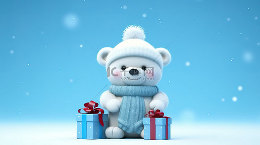 清浅色背景图片_一只圣诞熊在用 3D 技术创建的宁静蓝色背景上拥抱礼物
