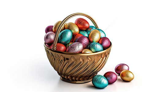 华丽背景图片_白色背景上复活节彩蛋篮的 3D 插图