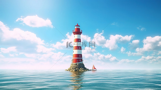 海浪灯塔背景图片_蓝天背景上的 3D 渲染灯塔坐落在广阔的海洋中