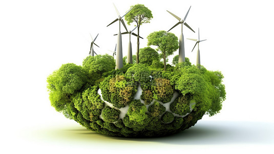 生态友好的能源理念 3D 渲染风力涡轮机地球仪和白色背景上的树木