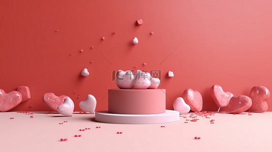 情人节主题底座的 3D 渲染，配有礼品盒和纸心