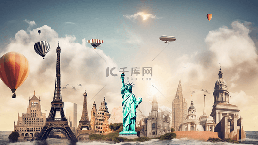 地标建筑物热气球卡通立体旅行广告背景