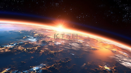 外层空间日出时地球的 3d 渲染
