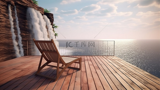 阳台景观背景图片_阳台椅子的 3D 渲染，俯瞰雄伟的瀑布