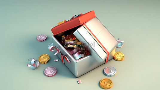 打开储蓄礼物，里面有优惠券和硬币，通过 3D 渲染描绘折扣和销售的概念