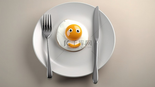 面食品背景图片_卡通面鸡蛋放在盘子上，上面有叉子和刀 3D 渲染