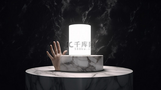 灯光照明背景图片_未来派 3D 渲染的圆柱形大理石支架，用于放置产品，由白色的手握住，并用现代灯光和发光环照明