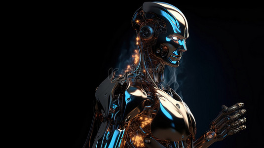 照明器背景图片_黑色背景下 3D 渲染中具有人工智能的耀斑照明机器人或机器人