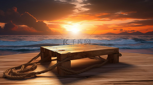 风景优美插画背景图片_从 3D 木桌欣赏风景优美的海洋日落景观