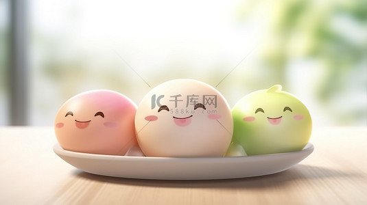可爱的日本麻糬甜点卡通风格的 3D 渲染