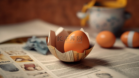 幽默的 3D 渲染报纸阅读鸡蛋庆祝复活节
