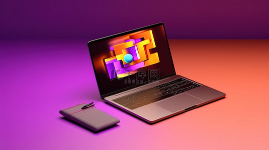 紫色背景渲染笔记本电脑和 Instagram 徽标的 3D 模型