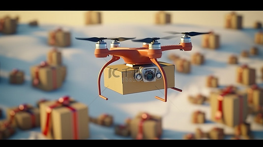 戴着圣诞老人帽子的无人机递送圣诞礼物的 3D 渲染