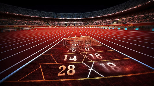 跑步速度线背景图片_体育场内空跑道，有车道号 3D 横截面和孤立的运动跑道