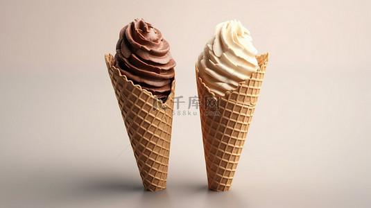 华夫饼锥软冰淇淋巧克力和香草漩涡的 3D 插图