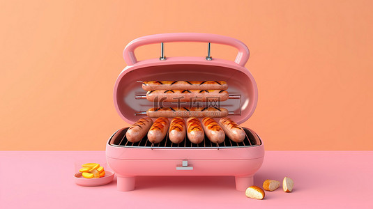 铁板烧鱿鱼背景图片_充满活力的粉红色背景 3D 渲染的烧烤架上的铁板香肠