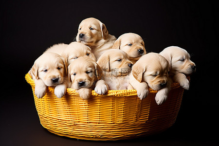 金毛简笔背景图片_小狗和黄色篮子里的小狗