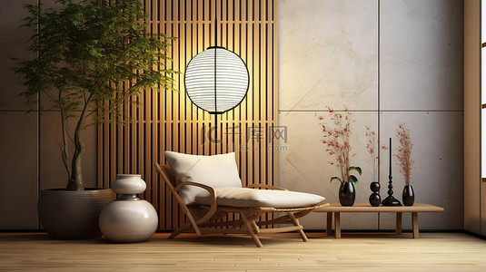 当代日式客厅设计，配有榻榻米地板时尚的桌子和灯 3D 渲染