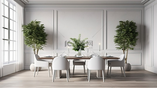 带白色造型墙桌和绿化的餐厅 3D 渲染