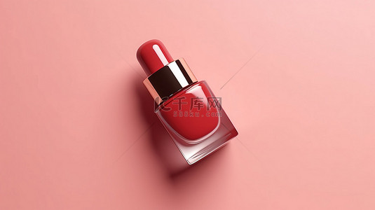美美容美甲背景图片_浅粉色背景上的红色指甲油瓶的顶视图 3D 插图