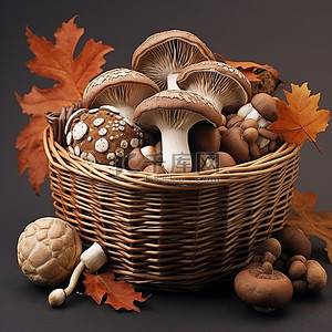 柳条篮里有许多食用蘑菇