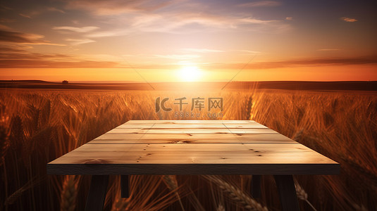 从 3d 木桌看麦田的日落景色