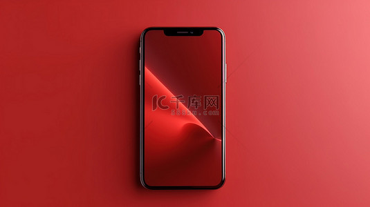 红色背景展示手机模型的 3D 渲染，屏幕上显示详细的视觉效果