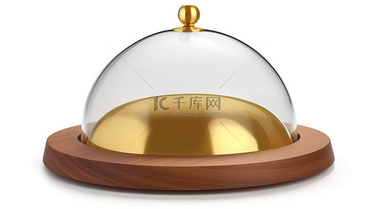 餐饮盘子背景图片_一个金色和木制的餐厅圆顶，带有一个开放的盖子，完美的钟形装饰，用于盛放盘子托盘并隔离在白色背景中