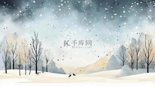 风景飘雪背景图片_冬天森林美景插画