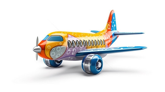 抽象机库建筑形状背景与白色背景上的 3D 卡通玩具喷气式飞机