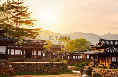 传统山背景图片_坐在阳光下的韩国传统村庄的图像